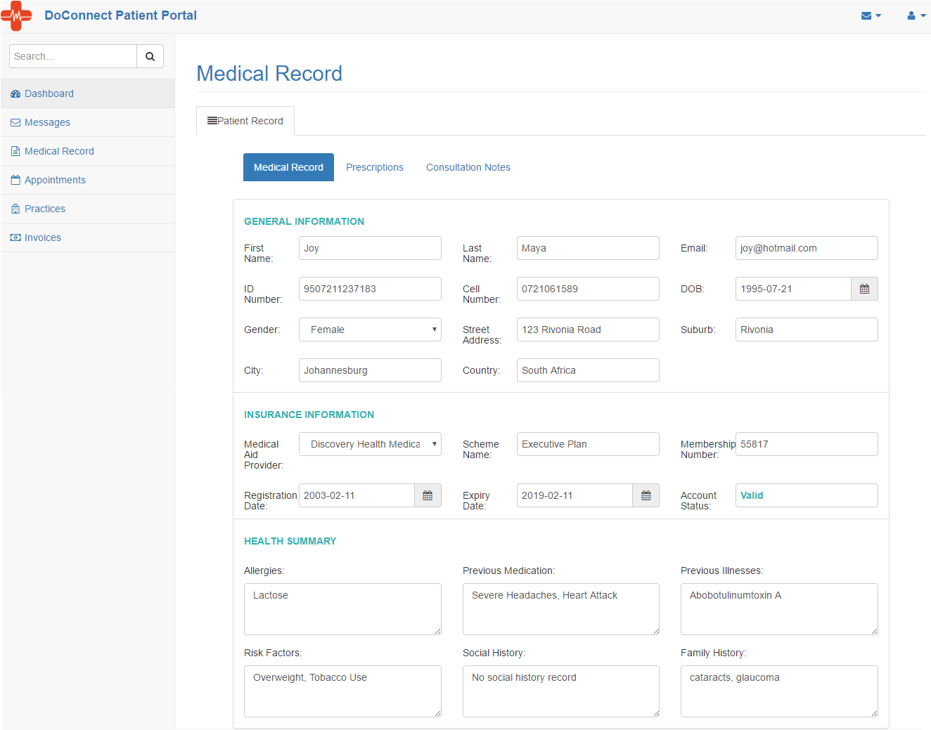 Patient Medical Record Page
